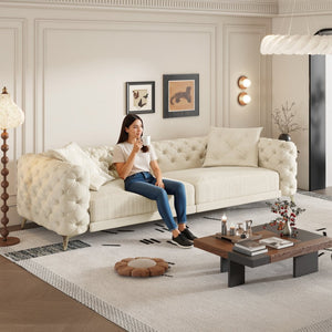 English Elm 97.6" Oversized Velvet Chesterfield Sleeper Sofa Floral Tufted Roll Arm Living Room Couch Beige+White W1885S00297