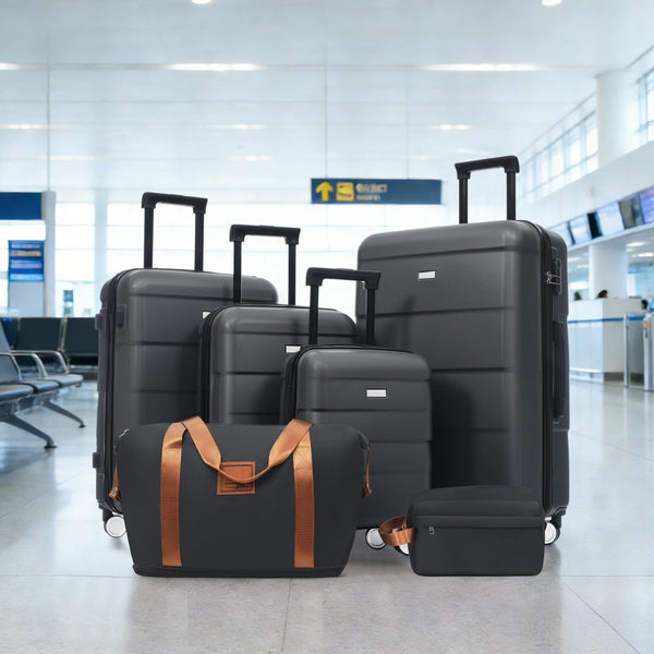 English Elm 6 Piece Hardshell Abs Travel Set with Spinner Wheels Combination Lock and Toiletry Bag Charcoal N732P391314E