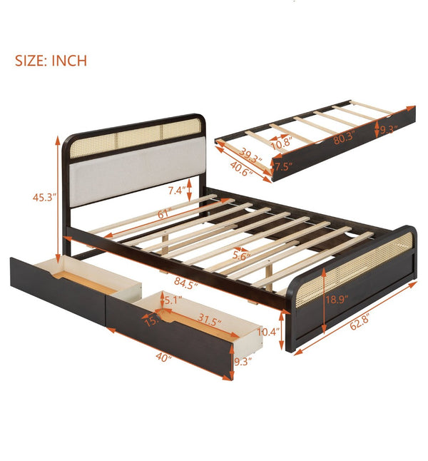 English Elm Queen Wooden Platform Bed With Trundle, 2 Storage Drawers & Padded Headboard In Espresso Finish N820S00010P-GIGA