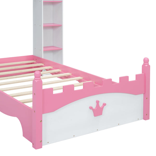 English Elm Castle-Shaped Twin Bed with Crown Footboard and Built-In Shelves, Sturdy MDF/Pine Frame for Kids White+Pink 82 L x 14.25 W x 6.75 H N733S177379K