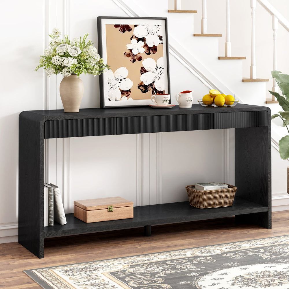 English Elm Christopher Knight Home® - Modern 3-Drawer Console Table with Vertical Slats and Round Edge Design, Solid Wood Veneer, Sleek Entryway Storage Black N760P328544B
