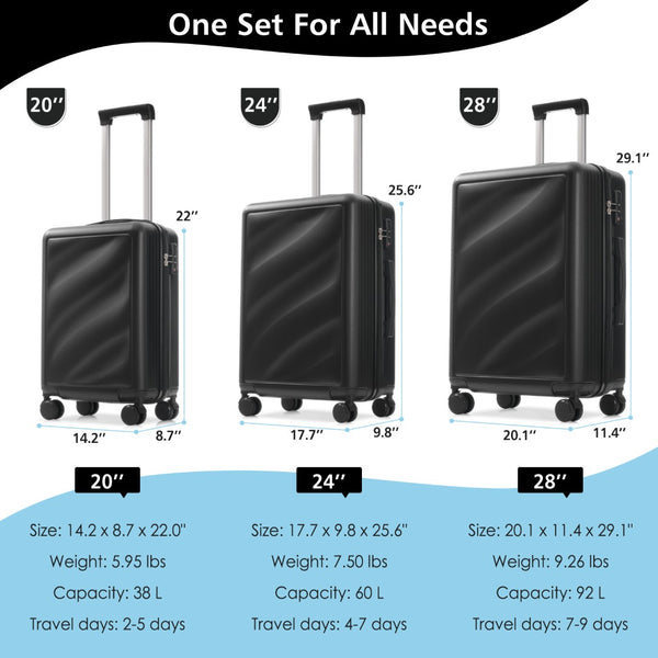 English Elm Luggage 3 Piece Hard Shell Abs Suitcase Set with Spinner Wheels and Tsa Lock Black N730P304620B