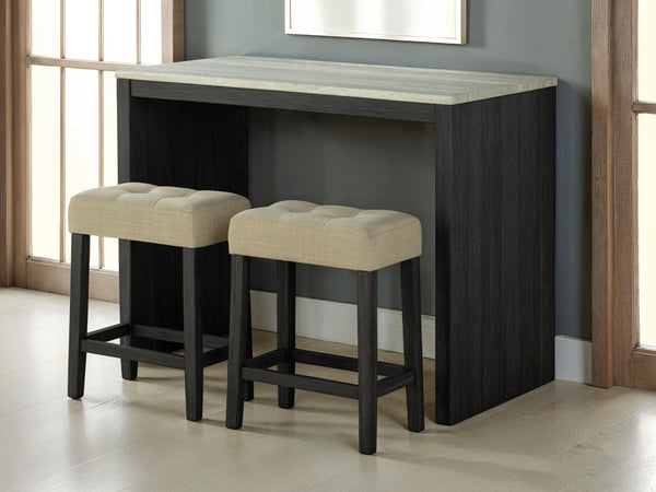 English Elm Two-Tone Travertine Top 3pc Dining Set with Biscuit-Tufted Beige Stools, Black/Gray Transitional Style B011P302803