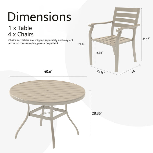English Elm 5-Piece Outdoor Patio Dining Set – Stylish Round Metal Table & 4 Stackable Chairs For Gardens, Decks W213S00054