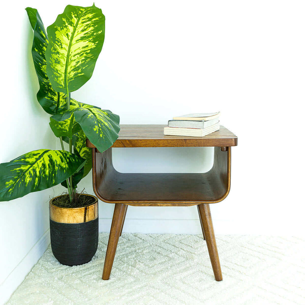 English Elm Ashcroft Furniture - Alice Mid-Century Solid Wood End Table with Slatted Shelf, Brown Finish, Angled Legs, 21x12x24﻿ B183P201768