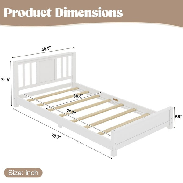 English Elm Twin Low Profile Floor Bed with Guardrails Pine Wood Frame Minimalist Bedroom White W1580P438797