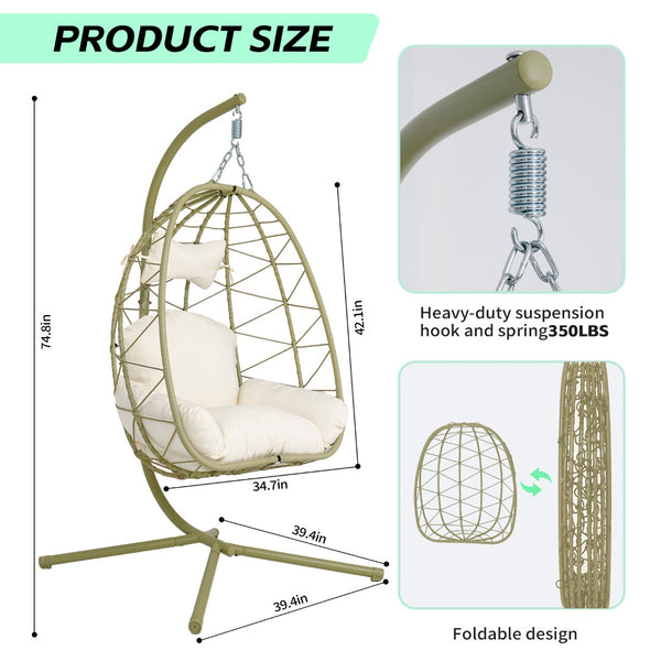 English Elm Hanging Egg Chair Wicker Swing with Stand Washable Cushion Patio Balcony Garden T5880P497573