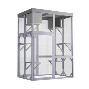 English Elm Outdoor Solid Fir Wood Cat Enclosure with 4 Tiered Platforms and Dual Napping Houses W3166P476669