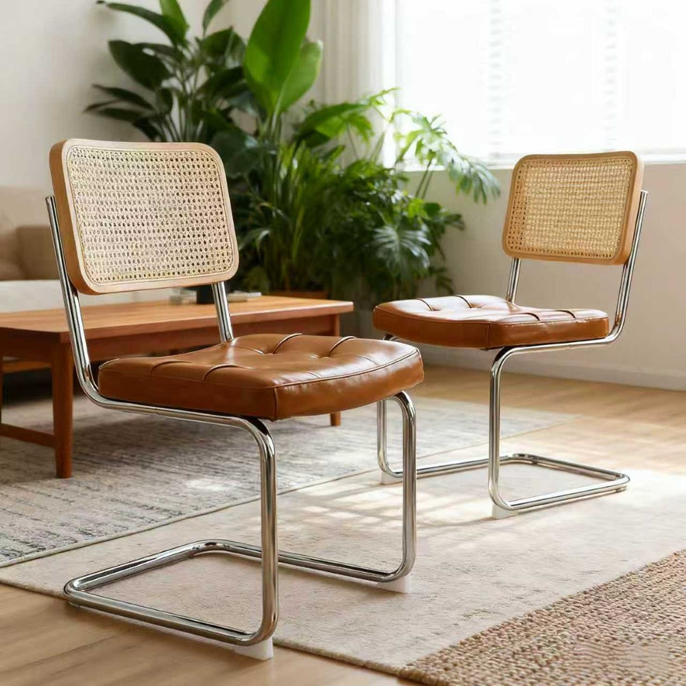 English Elm Dining Chairs Set of 4 Velvet Seat Woven Rattan Back Chrome Cantilever Frame Brown W2105S00006