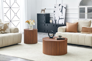 English Elm 2-piece Round Nesting Tables with Fluted Column Base Hidden Storage Oak Grain Finish Walnut W3875P396845