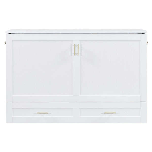 English Elm Queen Murphy Wall Bed Cabinet with Storage Drawer Built-in Power Outlets Usb Ports White LP000400AAK