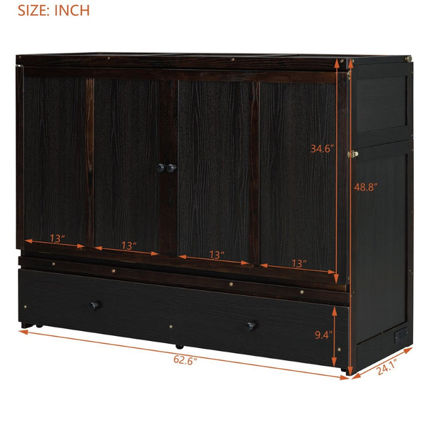 English Elm Queen Murphy Wall Bed with Pull Out Drawer and Built in Usb Charging Cabinet Espresso N708P205905P