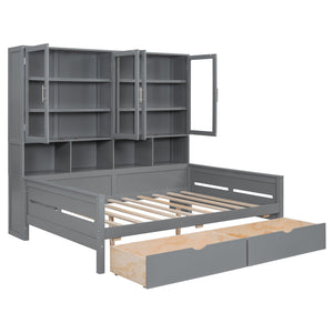 English Elm Full Size Wooden Daybed With Stylish Led Lighting, Glass Storage Cabinets & Versatile Shelves In Gray N820S00051E