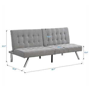English Elm Wood Frame Futon Sofa Bed With Stainless Steel Legs - Grey Faux Linen, Space-Saving & Stylish Design W2297P247601-GIGA