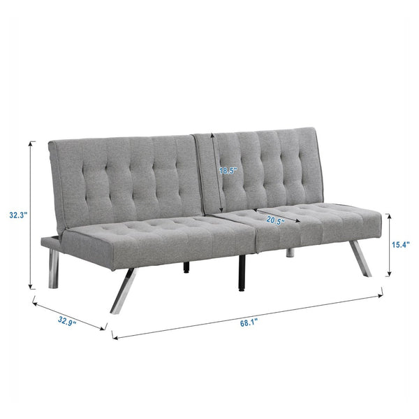 English Elm Wood Frame Futon Sofa Bed With Stainless Steel Legs - Grey Faux Linen, Space-Saving & Stylish Design W2297P247601-GIGA