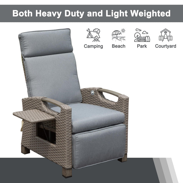 English Elm Outdoor Recliner Chair with Hand‑Woven Resin Wicker, Built‑In Flip Table, Thick Cushions, 150° Recline Gray W1859P196424