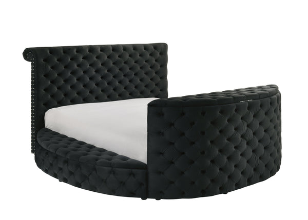 English Elm Luxurious King Size Bed Set With Tufted Black Velvet, Tv Lift, Electric Fireplace & Nightstands B2741S00121