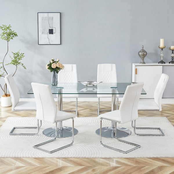 English Elm Table and Chair Set Extendable Mdf Round Oval Dining with 6 Gray Pu Seats Silver,Transparent,White W1151S04554