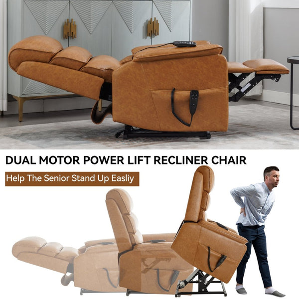 English Elm Dual Motor Power Lift Recliner with Massage Heat and 180 Degree Brown Lounge Chair Yellow Brown W1803S00061