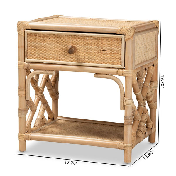 English Elm Modern Rattan Nightstand with Drawer and Open Shelf for Bohemian Bedroom Decor B2750P470042