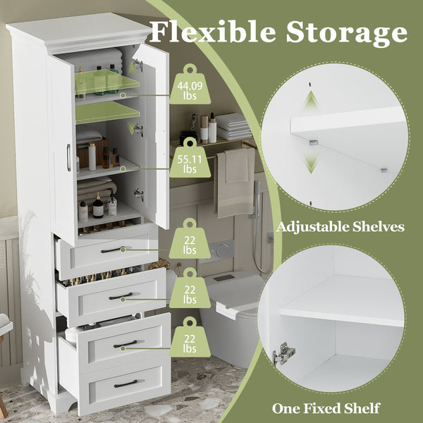 English Elm 71.6" Free-Standing Bathroom Vanity with Soft-Close Doors, 3 Drawers, Adjustable Shelves, White Finish N729P335599K