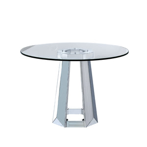 English Elm Modern Round Tempered Glass Dining Table with Mirrored Geometric Base, Seats 4, Easy Assembly, Silver W3836S00001