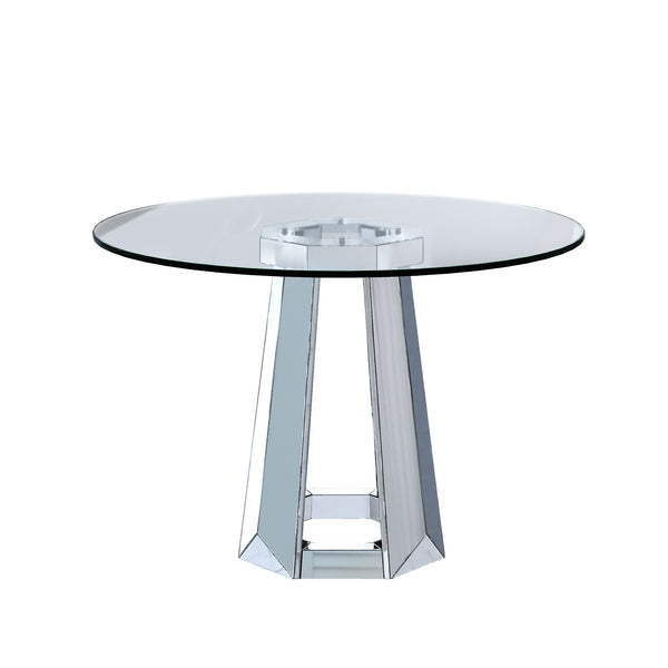 English Elm Modern Round Tempered Glass Dining Table with Mirrored Geometric Base, Seats 4, Easy Assembly, Silver W3836S00001
