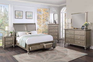 English Elm 1pc California King Faux Leather Panel Bed Glam Silver Trim Footboard Storage B011S02106