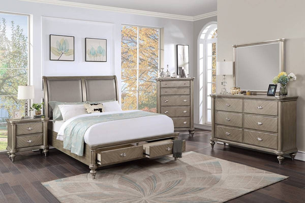English Elm 1pc California King Faux Leather Panel Bed Glam Silver Trim Footboard Storage B011S02106