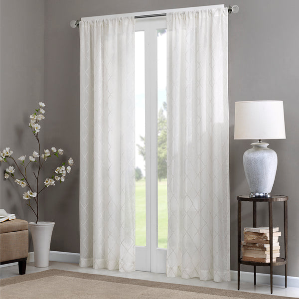 JLA Home Madison Park - Diamond Sheer Window Curtain Panel with Embroidered Diamond Texture, Light-Filtering Elegant Drapery White MP40-2332