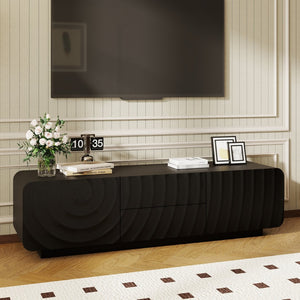 English Elm 58''tv Console Sculpted Spiral Wave Relief Walnut Mid-century Media Stand with Storage Black W2263P412355