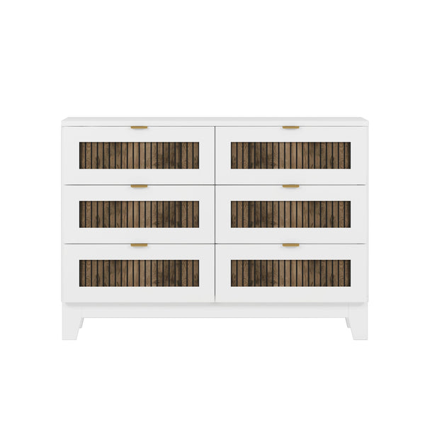 English Elm Rustic Farmhouse Wooden Dresser with 6 Drawers and Metal Handles — Spacious Storage, Stylish Bedroom Accent White 52.17 L x 18.5 W x 11.81 H WF530908AAK