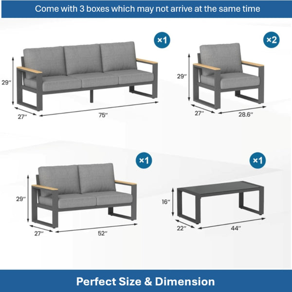 English Elm All-weather 5 Piece Aluminum Patio Conversation Set 7 Seat with Tempered Glass Table Gray B082S00111
