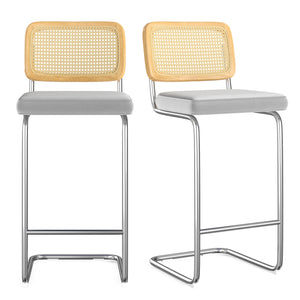 English Elm Counter Height Bar Stools Set Of 2 - Luxurious Gray Velvet & Rattan Back Armless Chairs For Style T3623P360715