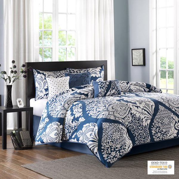 English Elm 7 Piece Cotton Printed Comforter Set - Elegant Damask Queen Bedding With Decorative Pillows & Skirt B03596961
