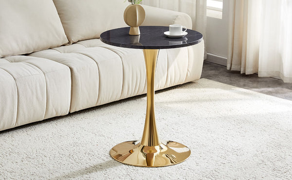 English Elm Round Faux Marble Tulip Dining Table Mid Century Pedestal Base for Compact Kitchens Gold,Grey W2920P395718