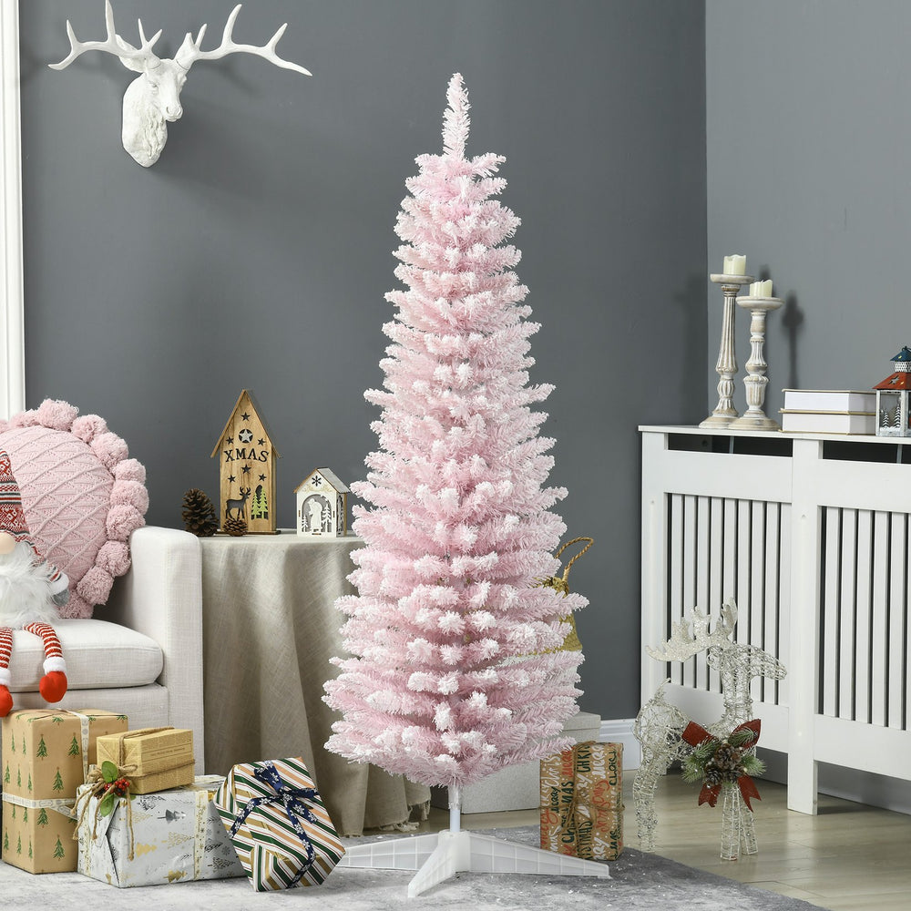 English Elm Homcom 5' Snow Flocked Slim Pencil Christmas Tree – Whimsical Indoor Decor For Small Spaces, Pink W2225P229528