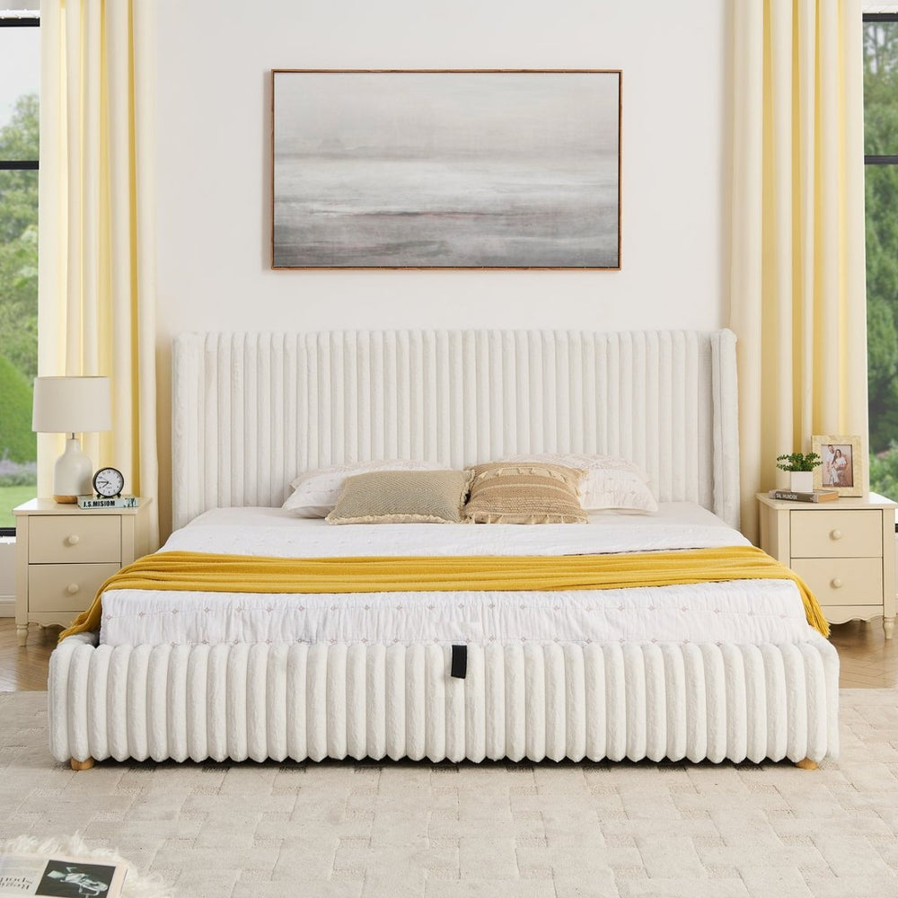 English Elm King Corduroy Upholstered Storage Bed Hydraulic Lift Ribbed Plush Cream Platform W1413S00182