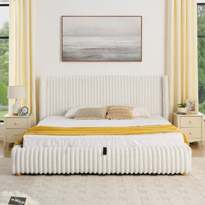 English Elm King Corduroy Upholstered Storage Bed Hydraulic Lift Ribbed Plush Cream Platform W1413S00182