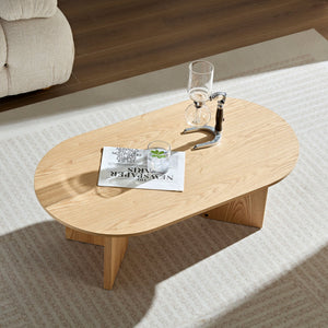 English Elm Length 39.37 Inch Modern Oval Coffee Table – Sleek MDF Pedestal Design, Space-Saving Durable Accent for Living Rooms and Apartments Oak W2582P217995