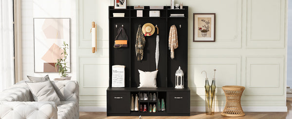 English Elm U-Can 5-in-1 Entryway Bench Hall Tree with 7 Hooks, 2 Drawers & Adjustable Shelves for Organized Homes Black N724P235232B