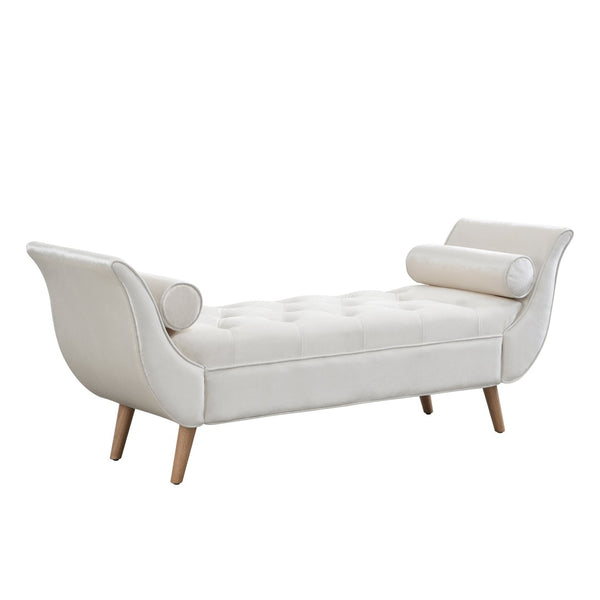 English Elm Upholstered Velvet Tufted Bench with Bolster Pillows Solid Oak Legs Bedroom Entryway N761P304407W
