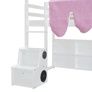 English Elm Twin House Loft Bed with Tent Canopy Slide and Shelves Pinewood Kids Frame White LT000682AAK-1