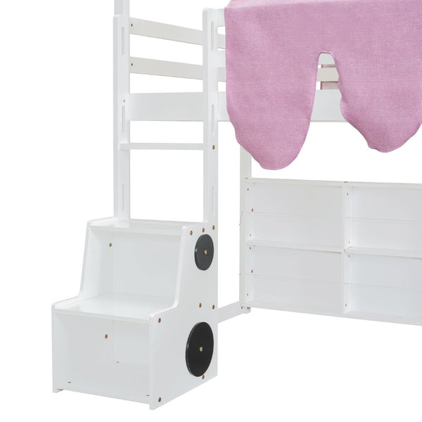 English Elm Twin House Loft Bed with Tent Canopy Slide and Shelves Pinewood Kids Frame White LT000682AAK-1