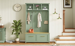 English Elm On-trend Entryway Hall Tree with Gold Hooks Bench Drawers and Shoe Cabinet Storage Mint Green N721S000056M-1