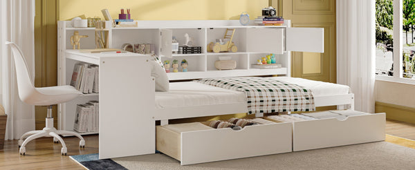 English Elm Wooden L-shape Twin Daybed with Desk Bookshelf and Nine Storage Compartments N733S351668K