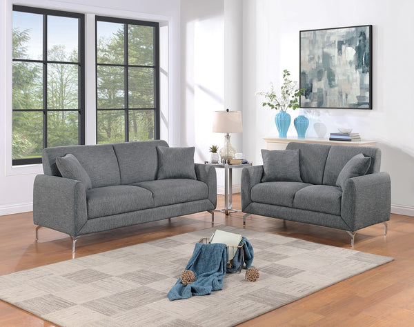 English Elm Elegant Burlap-Like 2pc Sofa Loveseat Set with Chrome Triangle Legs, Tight Seat/Back & Pillows Dark Gray 75 L x 30 W x 21 H B011S01302