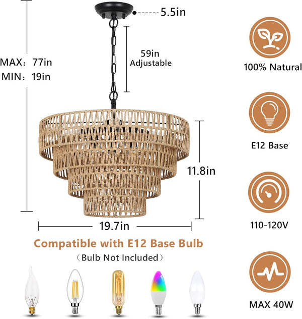 English Elm Boho Rattan Chandelier 6-Light Rustic Wicker Pendant with 4-Tier Handwoven Shade Farmhouse Chic W2738P185416