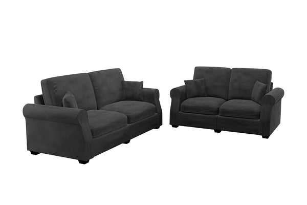 English Elm Black Corduroy Upholstered Sofa and Loveseat Set for Contemporary Living Rooms Black B011S02183