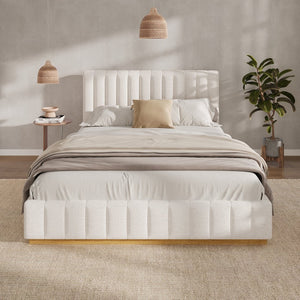 English Elm Queen Upholstered Bed Linen Fabric Channel Stitched Headboard Solid Wood Base Support N757Q338166I